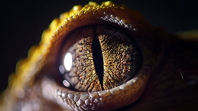 Reptilian Gaze: Macro shot of a gecko's eye showing the intricate details of its scale-covered skin and the slit-shaped pupil reflecting a bright light.