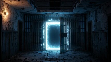 A glowing blue energy portal and geometric shape emerges from an open prison cell door in a dark, abandoned corridor footage. - Powered by Adobe