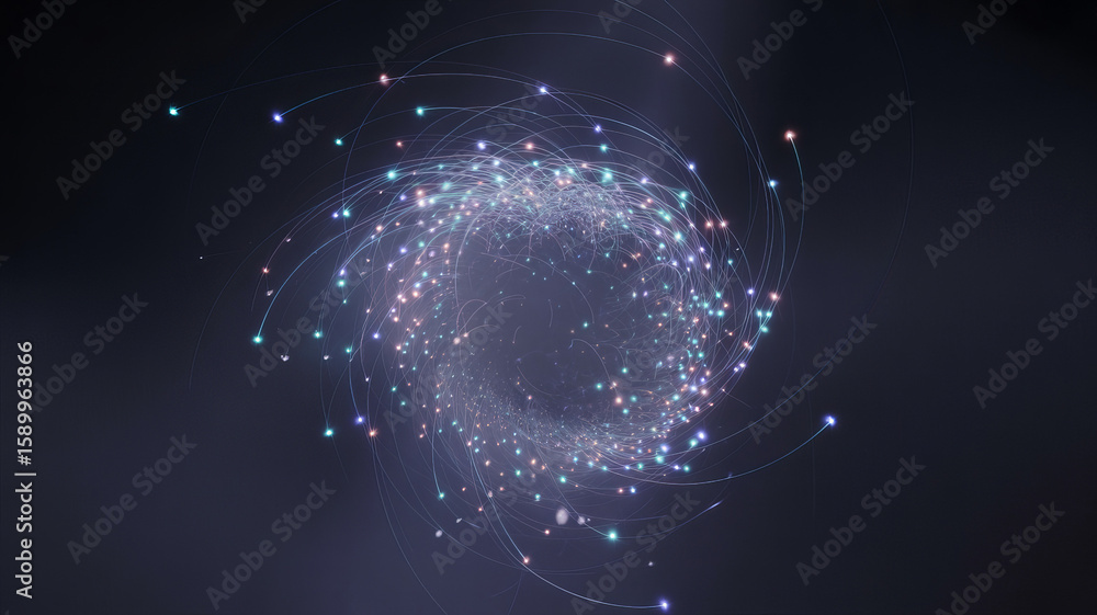 Poster whirling lights: captivating visual of shimmering particles forming a dynamic spiral against a dark 