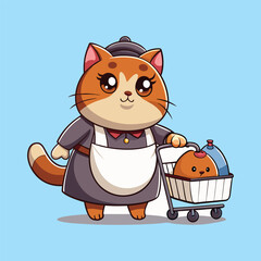 Adorable Cat Maid with Cleaning Supplies Cart Vector