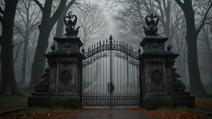 Misty, dark park entrance with ornate gates © Han