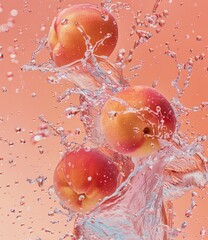 Juicy peaches create dynamic splashes in clear water, showcasing freshness against a soft, colorful background during bright daylight