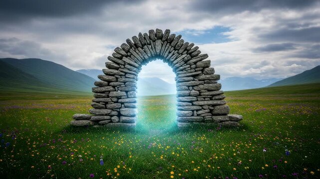 Stone age portal opening in a green field with mountains under a cloudy sky footage.