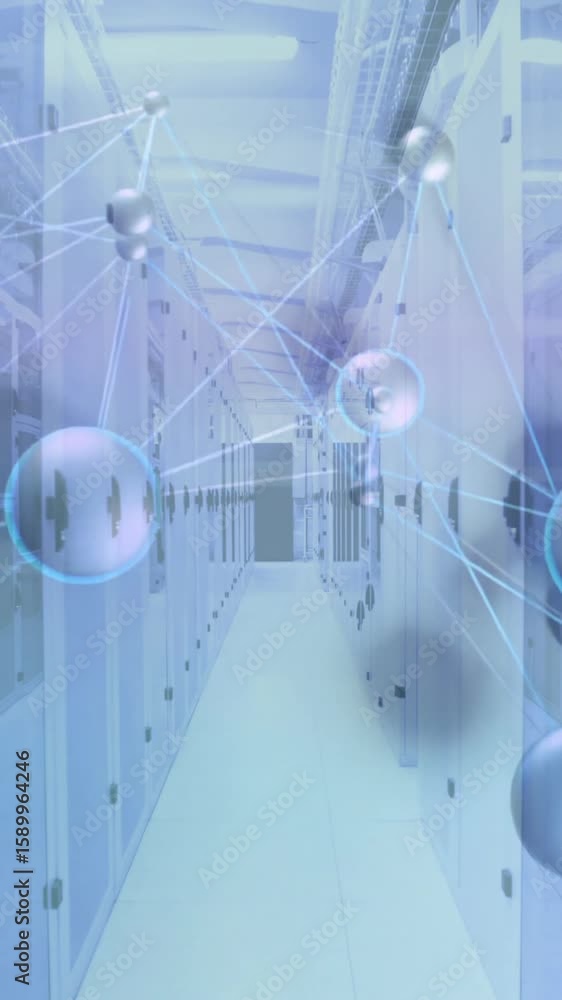 Poster network of connections and data processing animation over server room