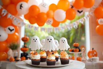A festive Halloween dessert table featuring ghost-topped cupcakes, orange and white balloons, and pumpkin decorations, creating a cheerful and spooky atmosphere.