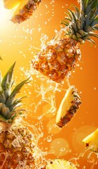 Fresh pineapple slices fly through the air, surrounded by vibrant splashes of water, evoking a lively tropical atmosphere