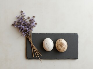 Eggs and delicate purple flowers on a dark stone surface create a calming and inviting seasonal still life