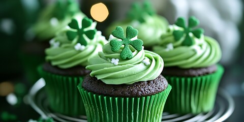 St. Patrick's Day vanilla cupcakes with green frosting and shiny clover decorations on green bokeh background. Irish holiday dessert concept
