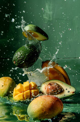 Ripe avocados and mangoes splash into clear water, creating dynamic patterns against a rich green backdrop, showcasing freshness and vitality