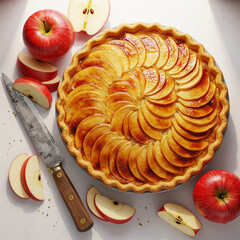 Overhead view of golden apple pie with caramelized top, sliced red apples on the side, and a vintage knife. Warm kitchen daylight copy