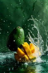 Avocado and mango chunks are splashed by water droplets, set against a lively green backdrop creating a fresh, energetic display