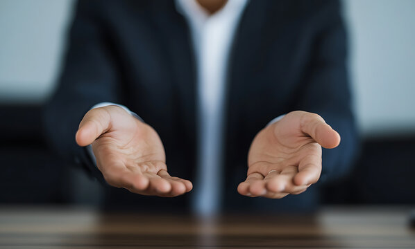 Open hands of a person in a suit. Hands in a welcoming or offering gesture. Concept for business, assistance, hope, generosity, or support.