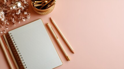Elegant Pink Desk Workspace Flatlay with Notebook, Pens, and Pencil