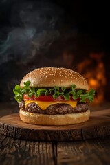 Close-Up of Homemade Beef Burger with Grilled Patty, Cheese, Lettuce, and Tomato on Wooden Table – Smoky BBQ Background with Fire and Smoke