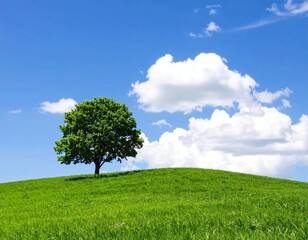 Obraz premium A solitary tree on a grassy hill under a vibrant blue sky