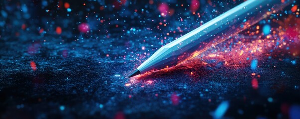 On a dark blue textured surface a white digital drawing pencil rests amidst scattered colorful pixels
