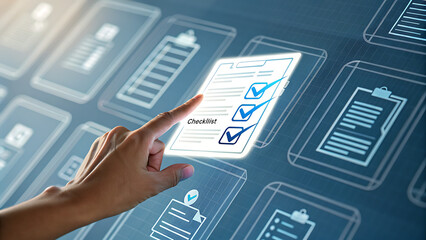 A finger is pointing to a digital checklist on a screen, symbolizing task management, project planning, and business compliance