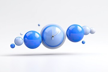 Floating blue and white spheres surround a clock