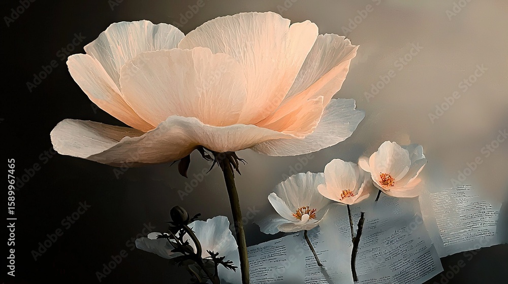 Aufkleber a sharp photo of a flower with a book in the background and a clearer image of the book in the foreg