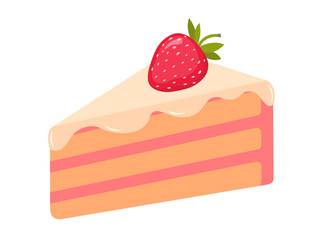 Strawberry cake slice with cream topping. Cute and colorful dessert illustration. Perfect for bakery, menu, or sweet food design