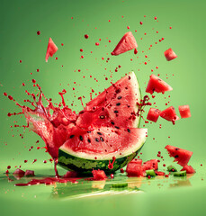 Dynamic display of a watermelon bursting with juice and chunks flying against a vivid green backdrop, emphasizing freshness and vibrancy