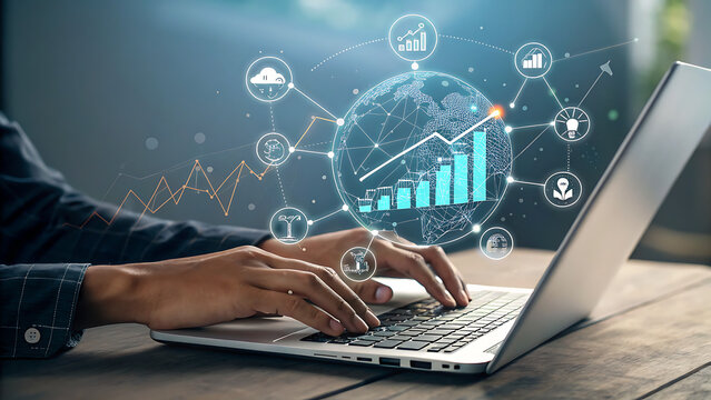 A person is typing on a laptop, with data analysis charts and graphs displayed, representing business analytics and global market trends - Powered by Adobe