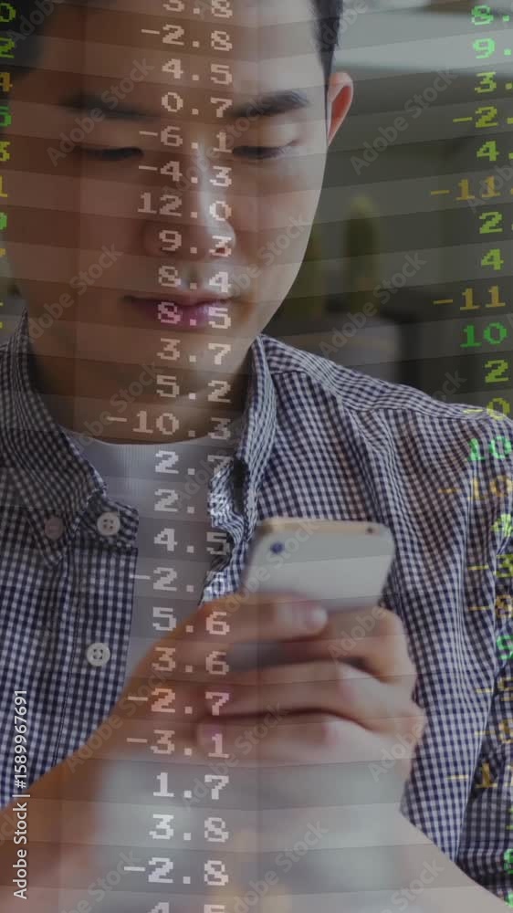 Poster using smartphone, person viewing stock market data with animation in school setting