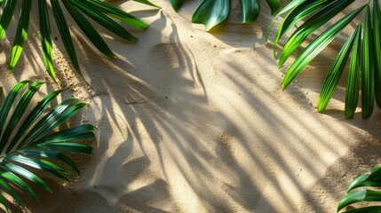 Tropical palm leaves cast elegant shadows on sunlit sand, evoking beach vacation vibes with natural textures and warm coastal atmosphere.
