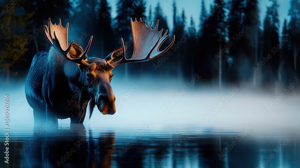 Poster moose standing in water with head above surface, trees in background