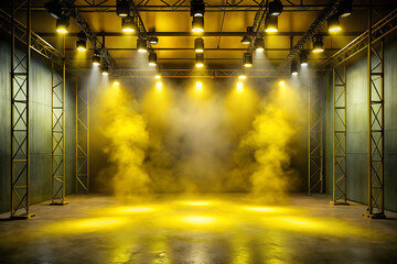 The dark stage shows, yellow background, an empty dark scene, neon light, spotlights The asphalt floor and studio room with smoke float up the interior texture for display products