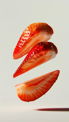 A vibrant, sliced strawberry floats in the air, showcasing its juicy layers and rich red color against a soft, neutral background