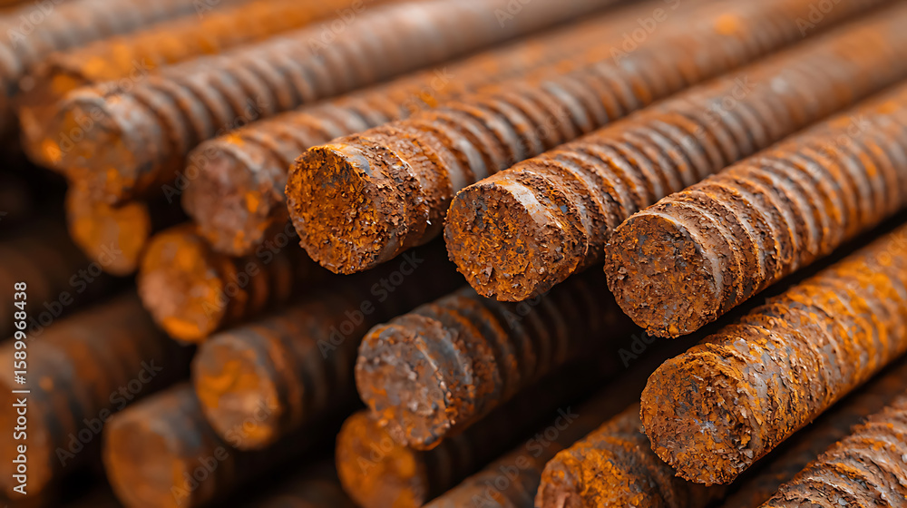 Poster rusty rebar stack close-up, showing texture and oxidation. industrial material awaiting use in const