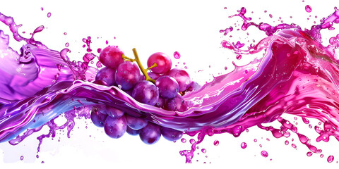 Purple wine splashes energetically around fresh grapes, showcasing vibrant colors and fluid motion in a dynamic composition