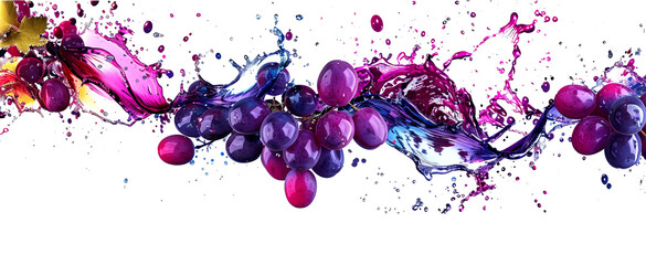 Vivid splashes of purple wine and grapes artfully collide, showcasing a dynamic and colorful arrangement full of energy