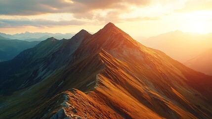 Naklejka premium Mountain Ridge at Sunset with Warm Light Over Peak Scenery
