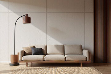 Minimalist living room interior featuring a modern sofa and a stylish arched floor lamp against a plain wall, showcasing contemporary and scandinavian furniture design