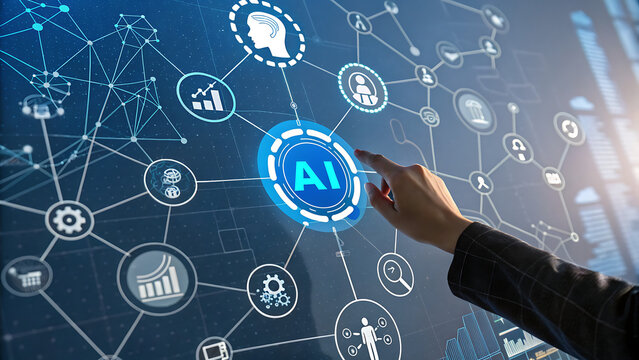 A person is interacting with an ai interface, exploring artificial intelligence and machine learning for digital innovation and automated problemsolving in a technological future