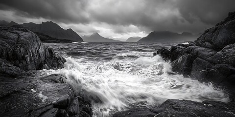 Dramatic ocean waves under cloudy sky with sunlight breaking through 