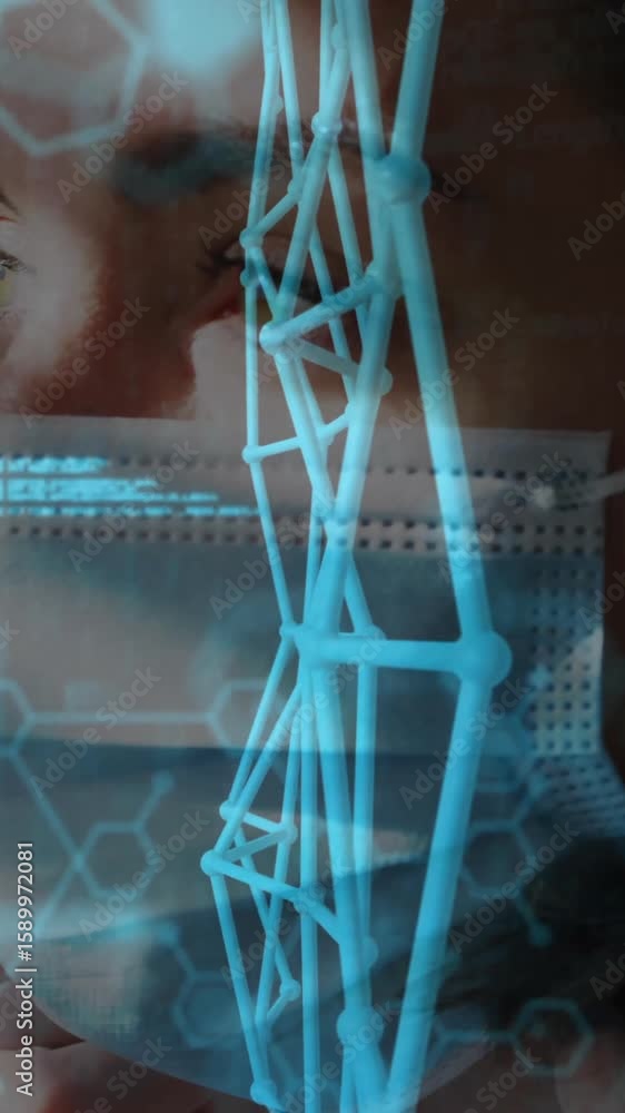 Poster person wearing mask with digital dna and data processing animation overlay