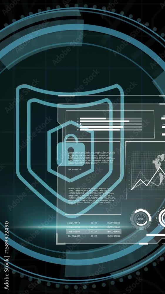 Poster animation of digital security interface with lock icon and global network data