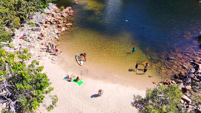 Brazilian people have fun in big waterfall on July, 2025 Teresina de Goias, Brazil.
