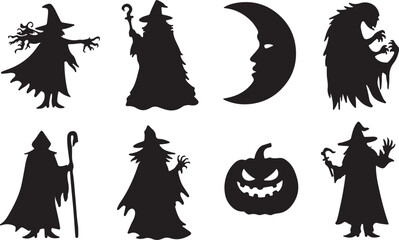 Fototapeta premium Halloween silhouettes witches moon pumpkin ghost wizard crescent moon