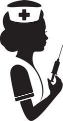 Nurse silhouette with medical syringe and cross emblem injection