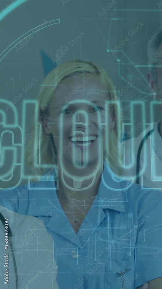 Poster smiling healthcare professionals with cloud computing animation in hospital setting
