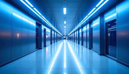 Fototapeta premium Futuristic corridor with blue neon lighting