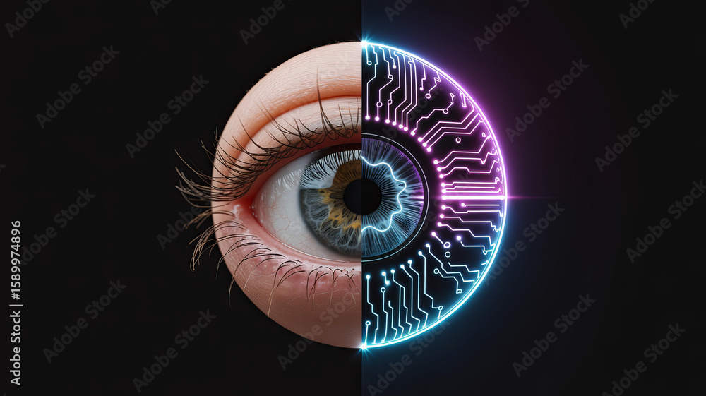 Poster digital eye: a captivating image of an eye split in half, blending the natural with digital circuits
