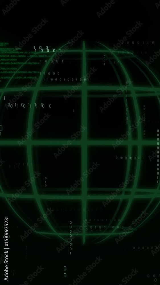 Poster Animation of green digital globe with binary code and data lines on dark background