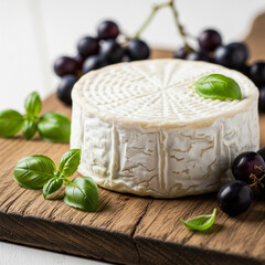 Rustic close-up of creamy goat cheese wheel on a worn wood board, with fresh basil and grapes. Soft side lighting copy