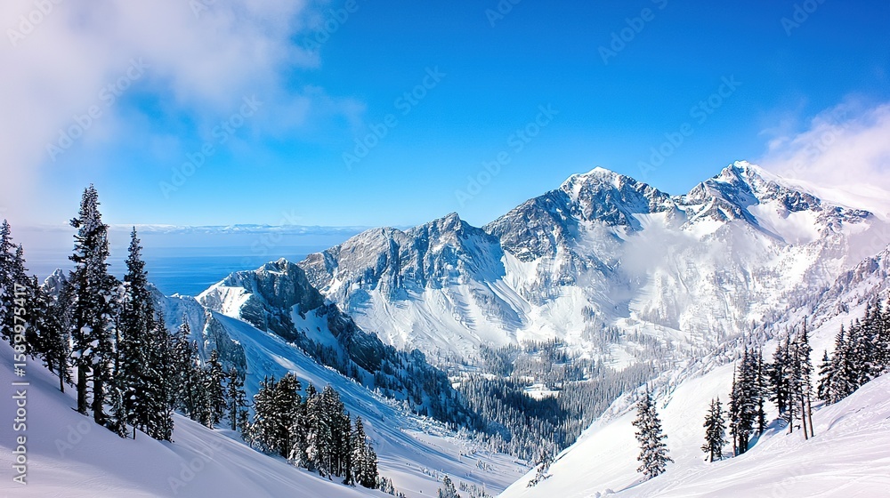 Poster a snow-covered mountain with trees in the foreground and a blue sky in the background with a few sca