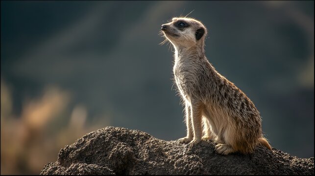 A meerkat sitting on a rock looking up with blurred background in a sunny day light